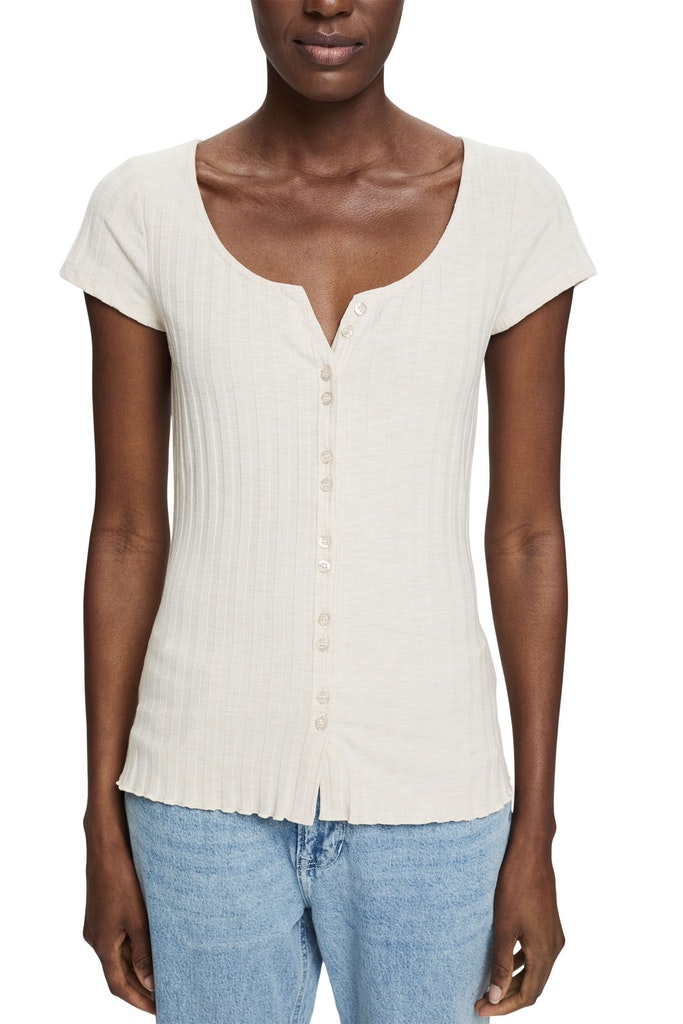 Geripptes T-Shirt mit Knopfleiste