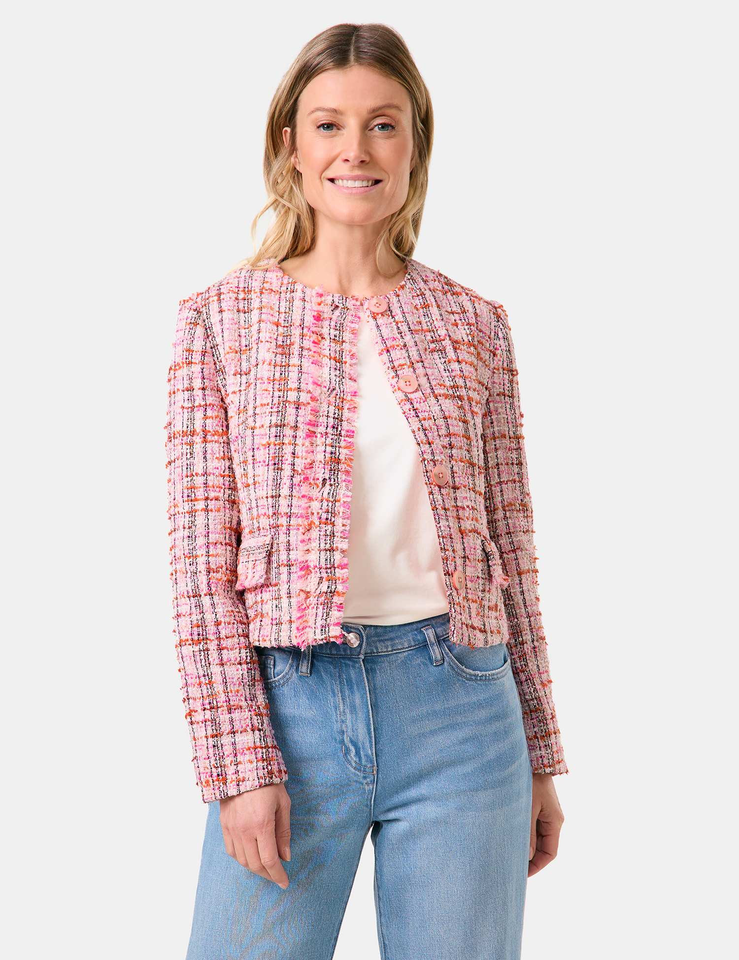 Blazerjacke in Bouclé-Optik mit Fransenkante