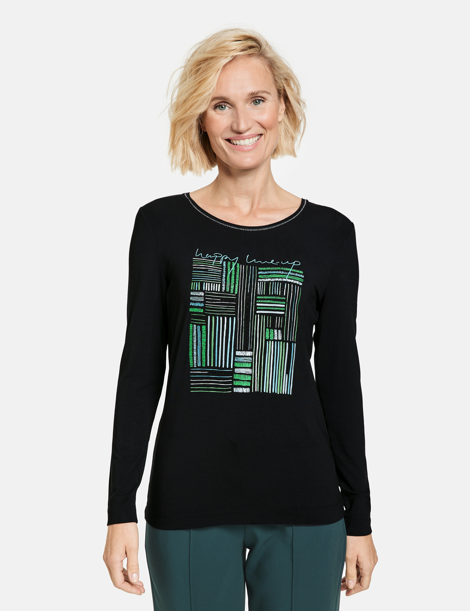 Langarmshirt mit Frontprint und Lurex-Naht am Ausschnitt